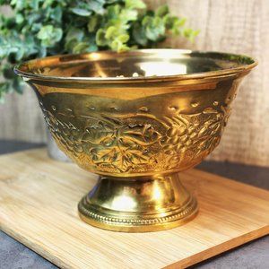 Vintage Brass Plated Pedestal Fruit Planter Bowl Grapes and Leaves Design